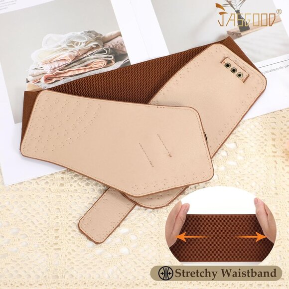 Women Vintage Wide Elastic Studded Stretchy Waist Belt Rivets Metal Buckle Brown - Picture 4 of 5